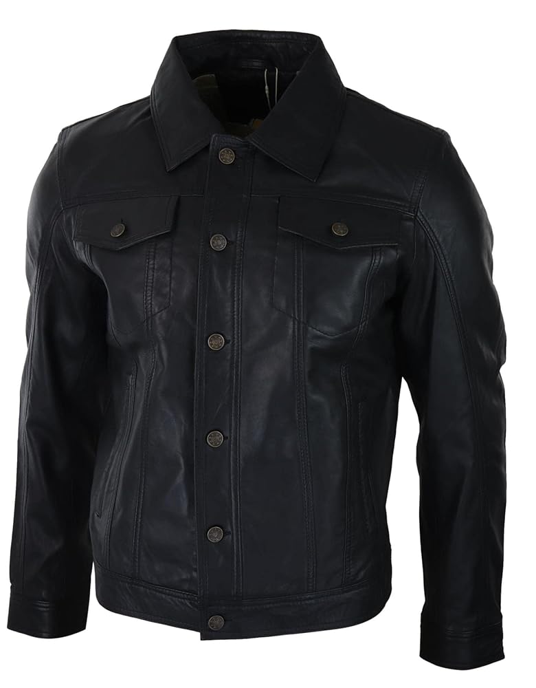 Mens Fitted Vintage Shirt Style Retro Leather Jacket Black